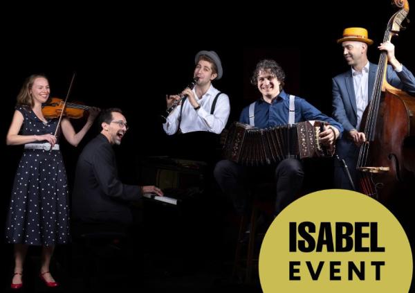 Schmaltz & Pepper poses with their instruments: a fiddle, a clarinet, a piano, an accordion and a bass