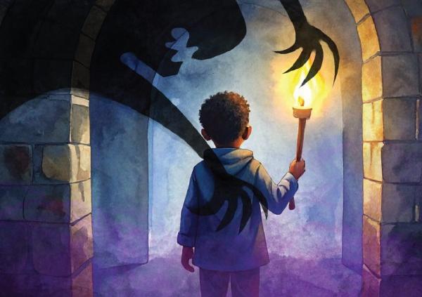 A boy holds a torch in a dimly lit hallway as a monster looms over him