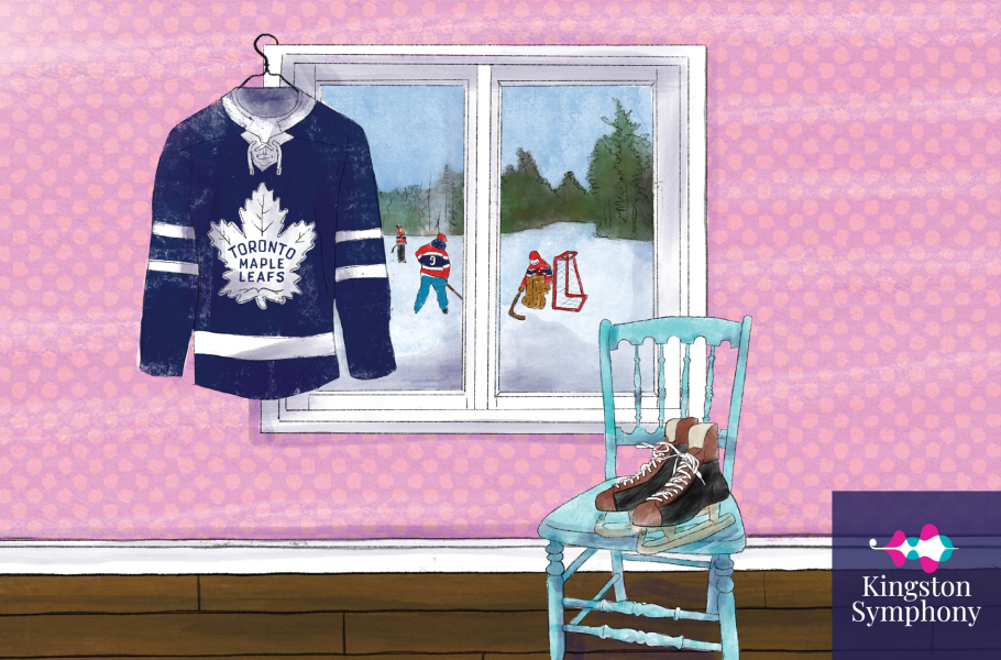 A Toronto Maple Leafs Jersey hangs next to a window. Outside the window, young hockey players skate on a frozen pond, all wearing Montreal Canadiens Jerseys