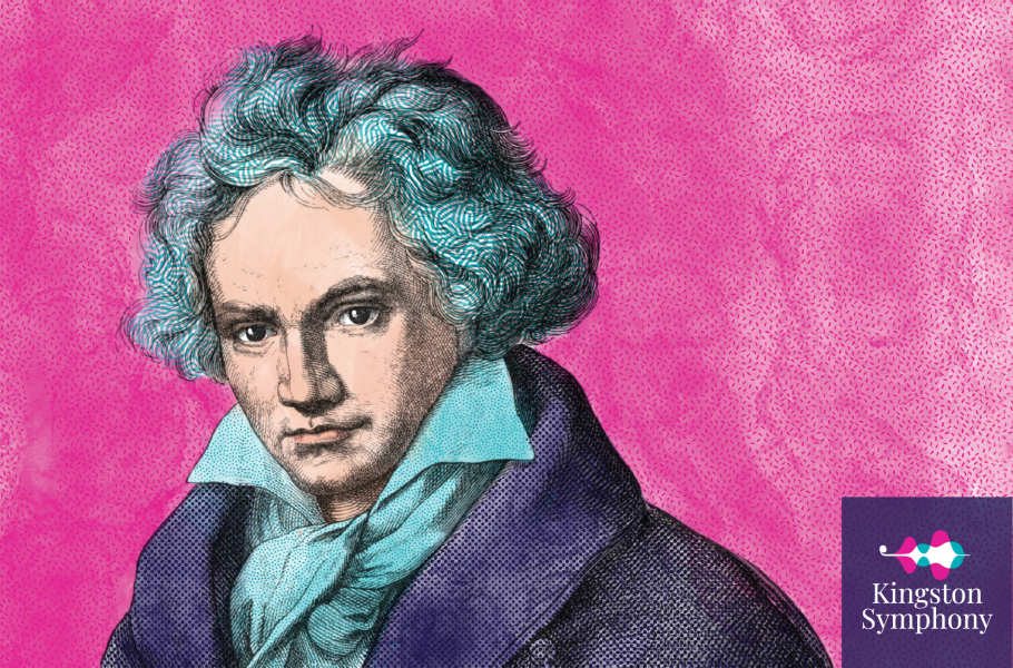 A drawing of Beethoven against a playful pink background
