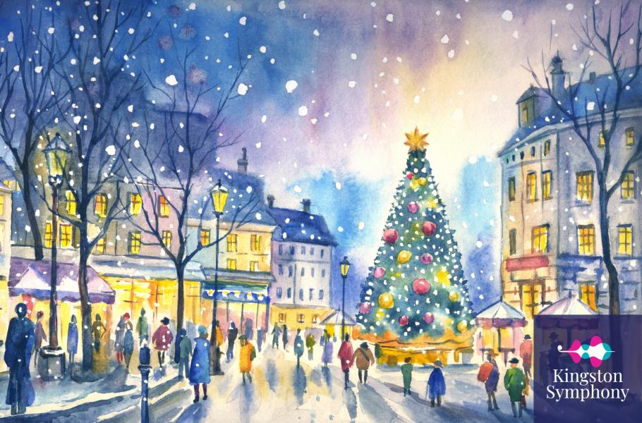 A snowy street filled with christmas lights. In the distance, a tall christmas tree glimmers