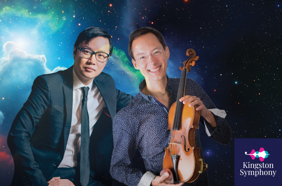 Philip Chiu and Robert Uchida pose against a starry outer space background