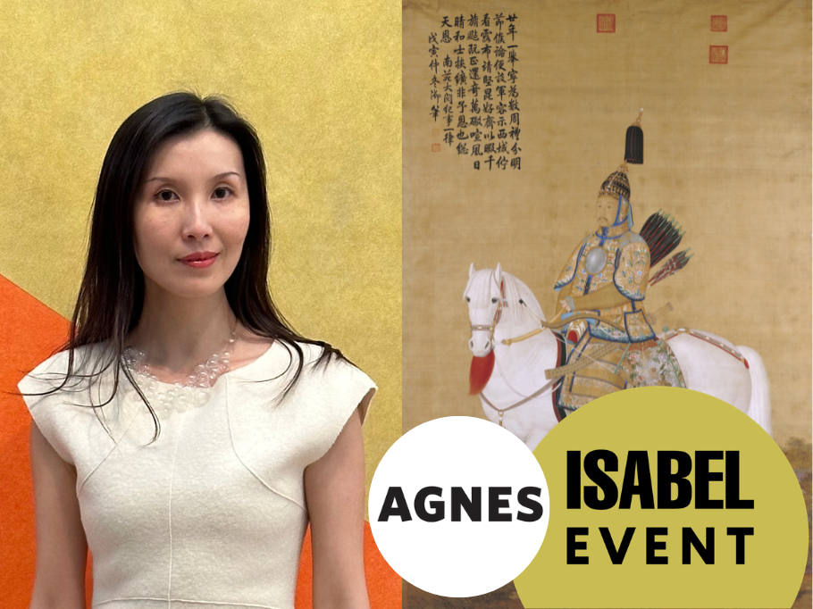 A headshot of Dr. Mei Mei Rado and a Portrait of Emperor Qianlong on Horseback, a painting from the 18th century or Qing dynasty 