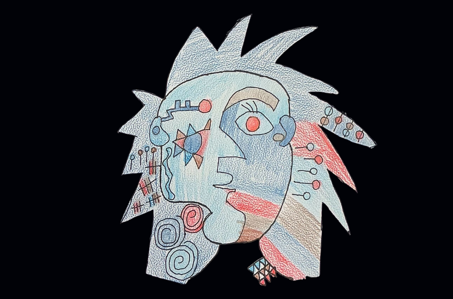 A modern art face with funky blue and red shapes