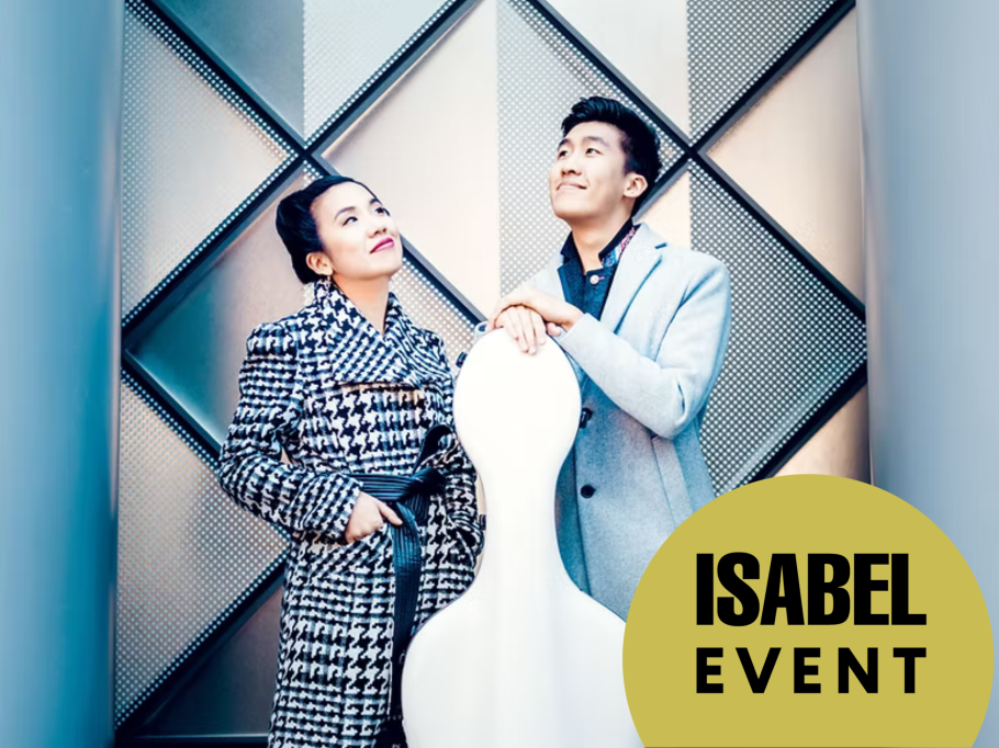 Cellist Bryan Cheng and pianist Silvie Cheng pose in front of a textured wall