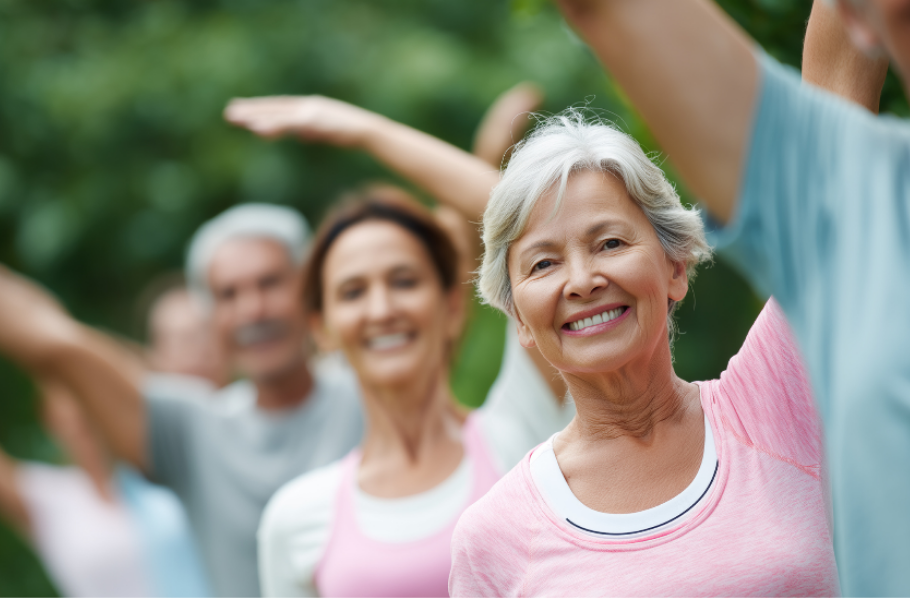 Smiling seniors exercise in the park
