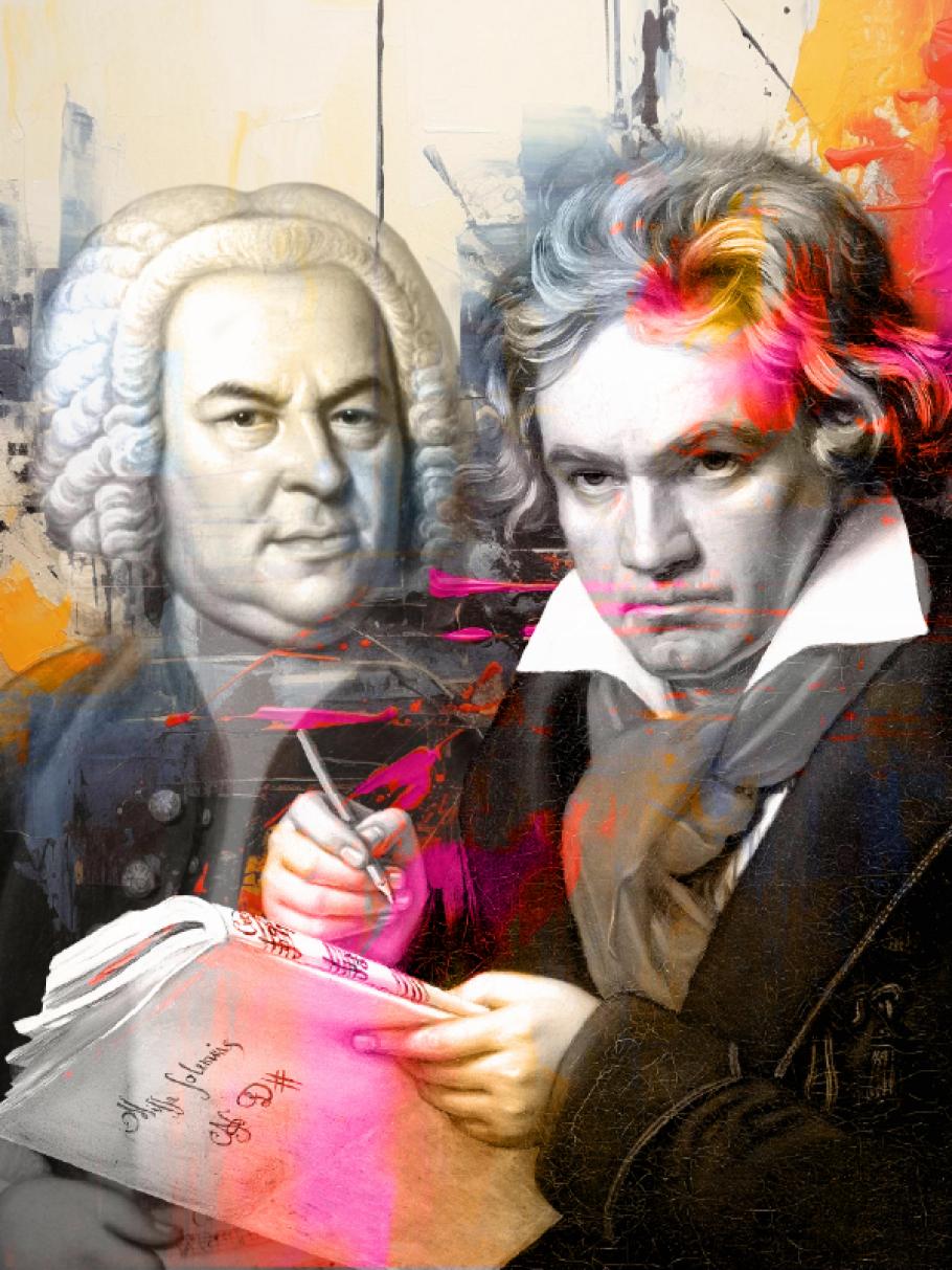 Bach and Beethoven surrounded by swirling colour