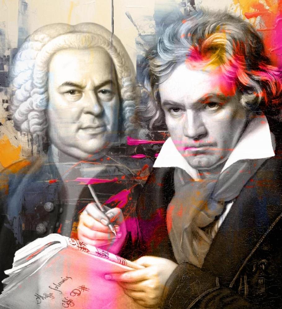 Bach and Beethoven surrounded by swirling colour