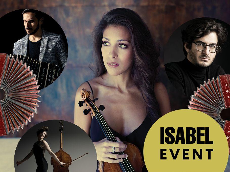 Leticia Moreno surrounded by musicians, all holding instruments 