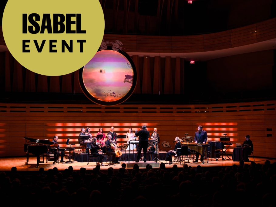 Musicians play on stage, a full moon hovers above them 