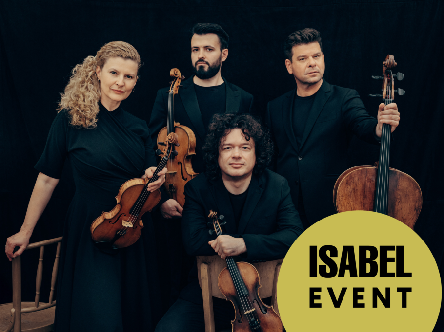 Pavel Haas Quartet poses with their instruments, all dressed in dramatic black formal wear