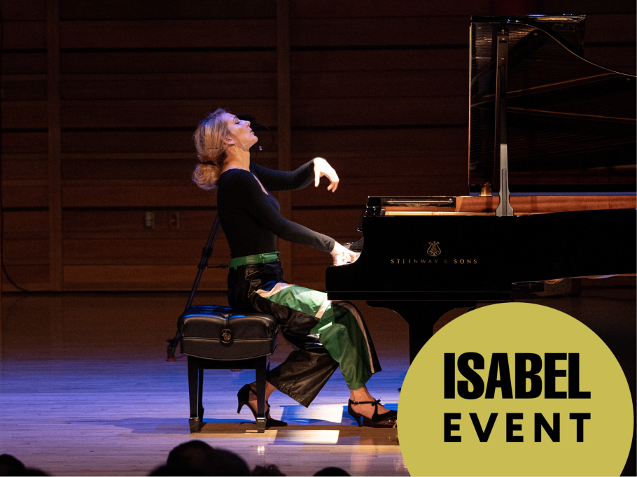Élisabeth Pion plays passionately on a dramatically lit stage