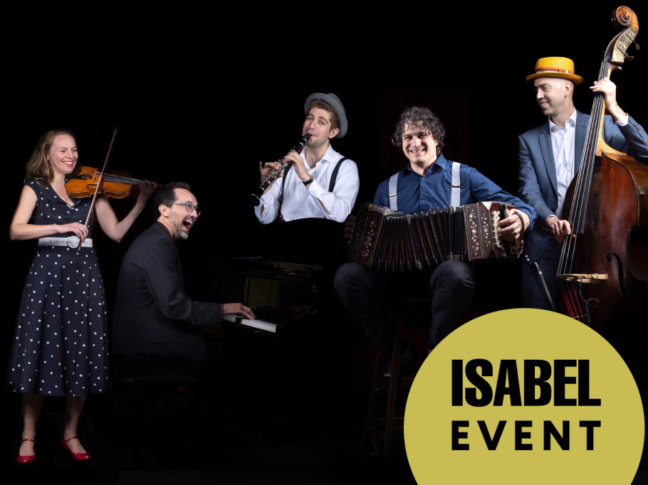 Schmaltz & Pepper poses with their instruments: a fiddle, a clarinet, a piano, an accordion and a bass