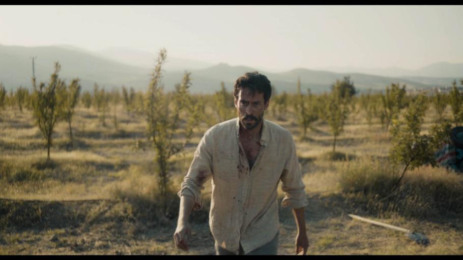 A man walks along through the desert