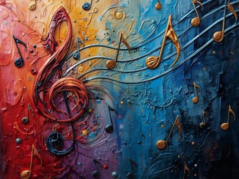 Colour swirls around floating music notes