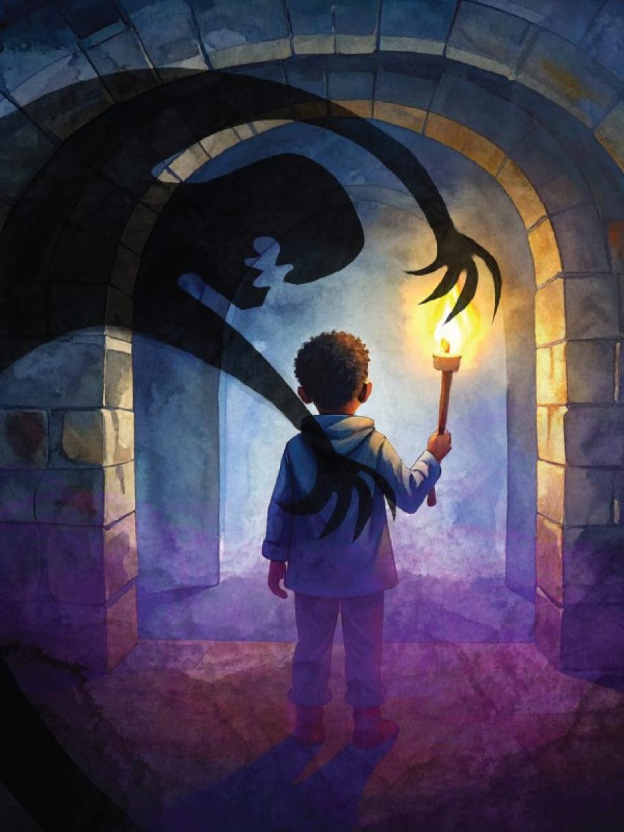 A boy holds a torch in a dimly lit hallway as a monster looms over him
