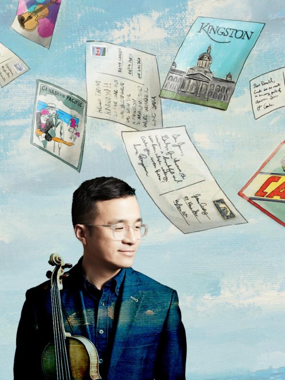 Performer poses with their violin while postcards flutter around them
