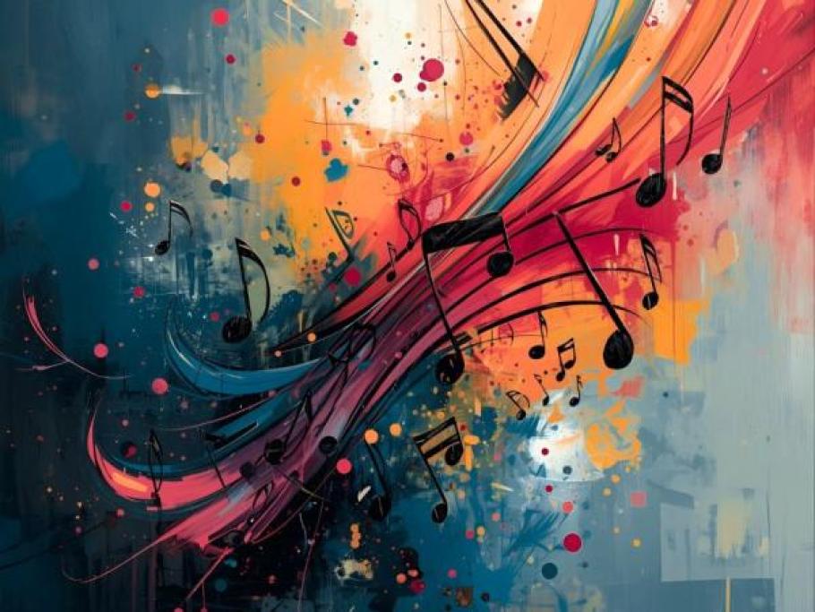 Colours swirls around music notes