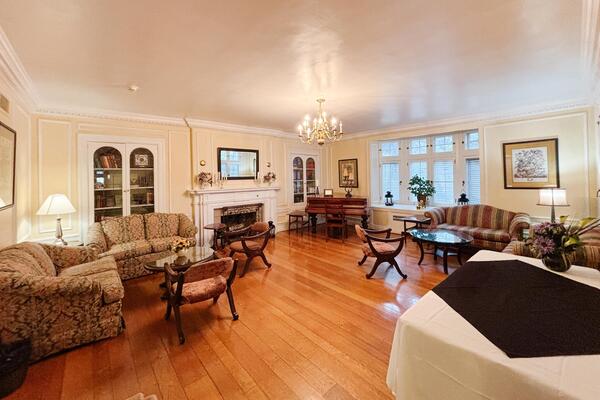 Lounge with chandelier and antique furniture