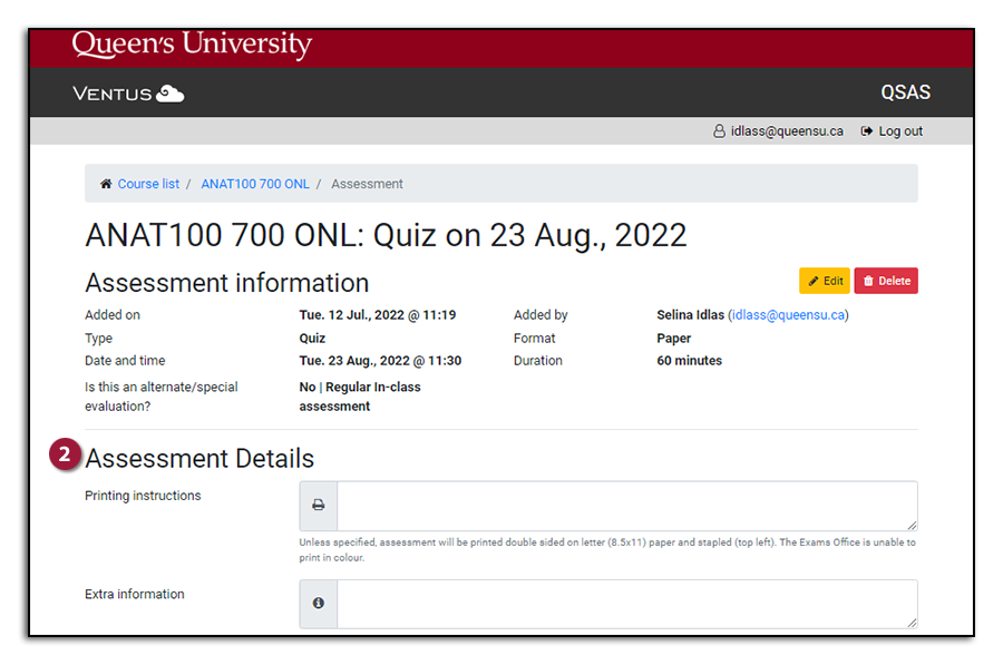 image: assessment details for exams office