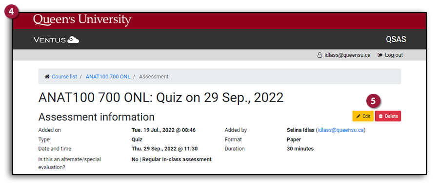 image: assessment page edit or delete buttons
