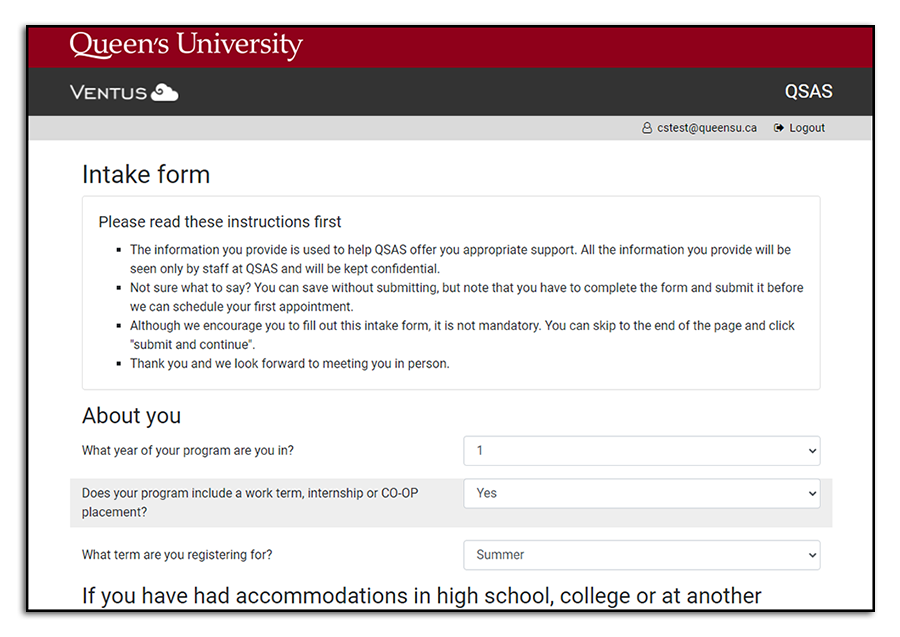 image: student intake form