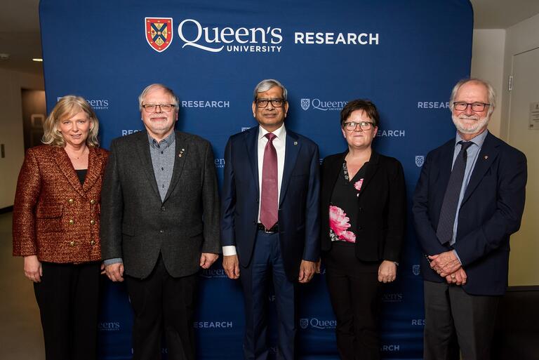 Left to right: Nancy Ross, Vice-Principal (Research), John Smol (Biology), Praveen Jain (Electrical and Computer Engineering), Cathleen Crudden (Chemistry), and Queen's Principal Patrick Deane. Dr. Smol was recognized for his lifetime achievements with the Vega Medal, a Nobel Prize-equivalent in geography, awarded by the King of Sweden. Dr. Crudden received the 2023 NSERC Polanyi Award, one of the funding agency's highest honours.