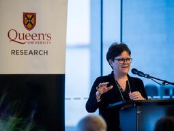 Cathleen Crudden speaking to the audience