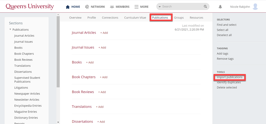 Screen capture of Research Discovery Network Publications tab and location of Import Publications