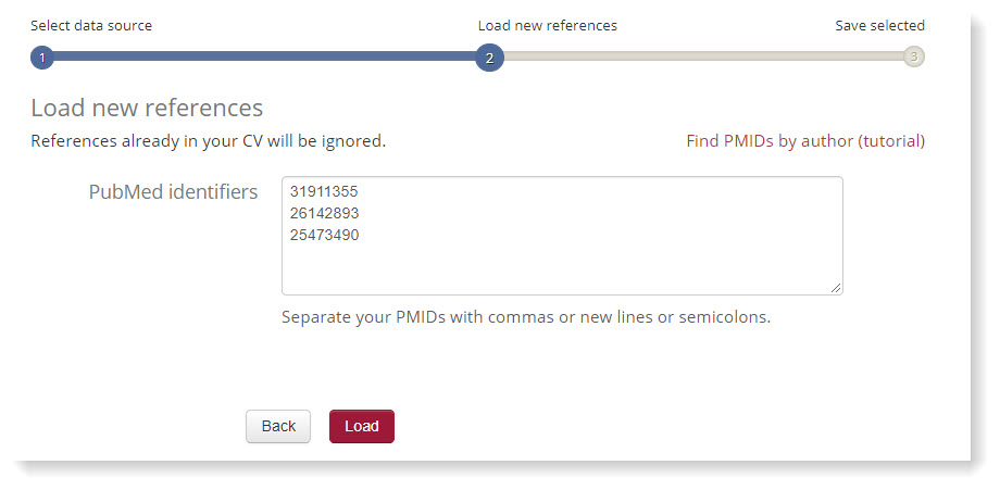 Entering PubMed identifiers to import