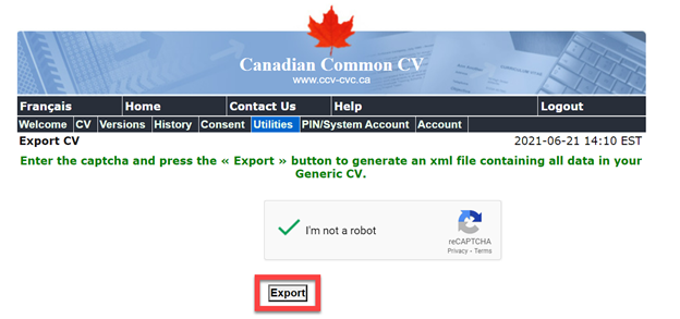 creenshot of the Canadian Common CV website showing the location of the export button