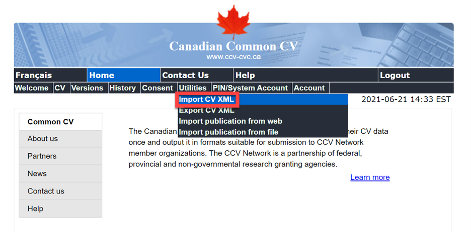 Screen capture of Canadian Common CV website utilities tab and link to Import CV XML