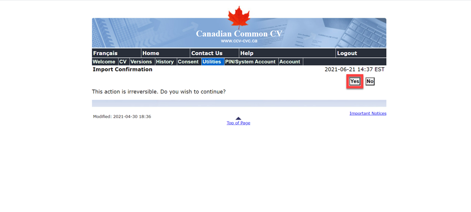 Screen capture of Canadian Common CV website utilities tab and location of YES button to confirm your uplaod