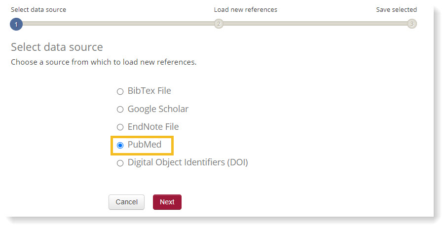 Selection of the import pubmed option