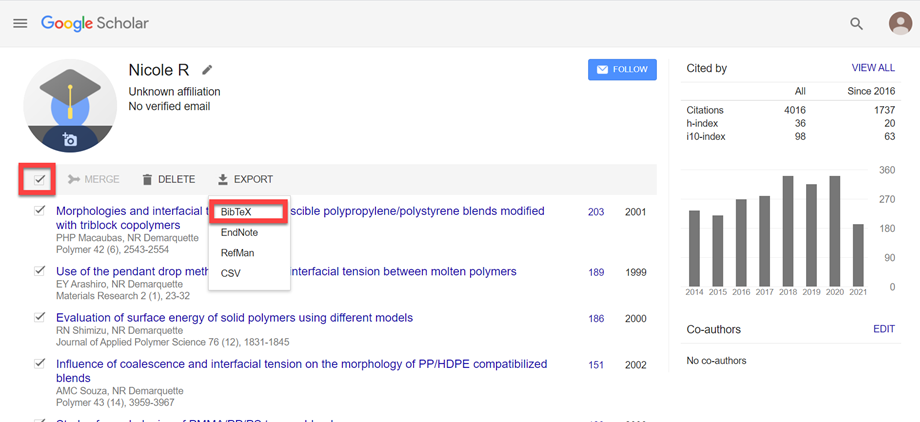 Screen capture of Importing Publications from Google Scholar - Select the publications to be exported, then choose Export, BibTex