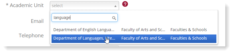Selecting an academic unit from the Academic Unit dropdown menu