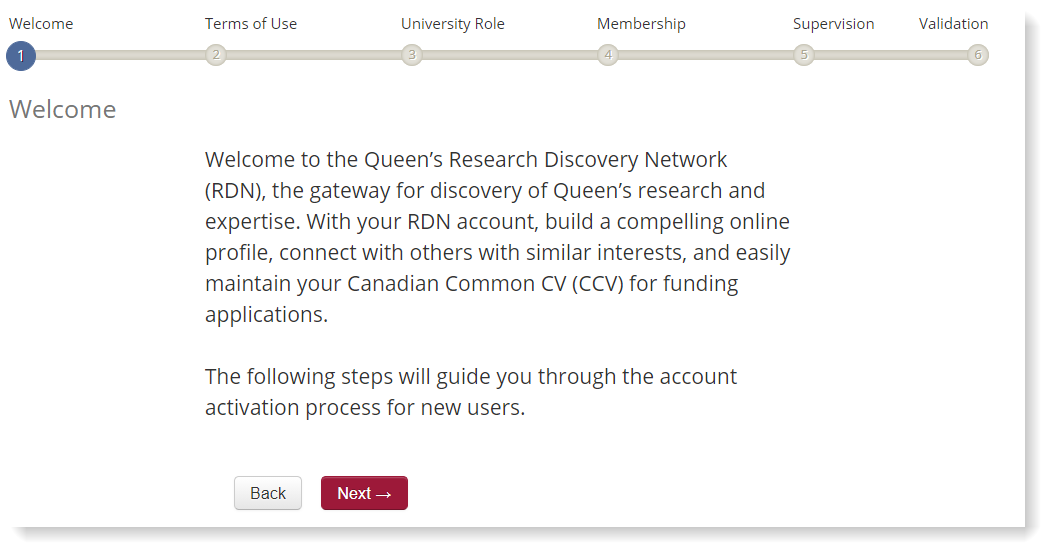 An image depicting the welcome message displayed when first logging in to the research discovery network