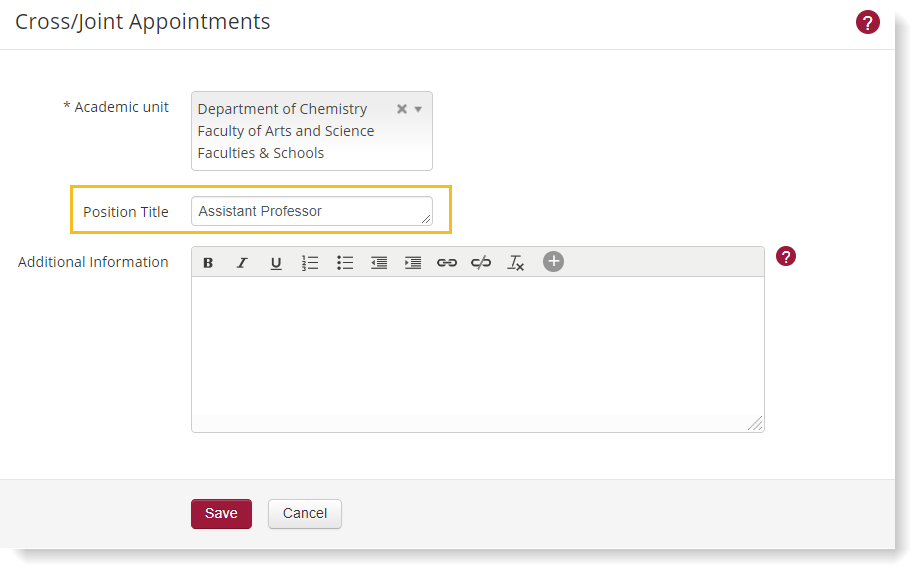 An image highlighting the position title field of a cross appointment entry