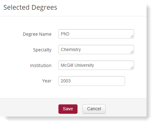 An image depicting degree information entered into a selected degree entry