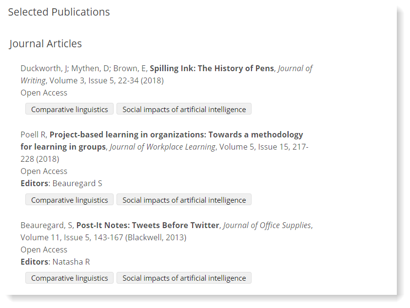 An image depicting a completed selected publication section in a researcher profile