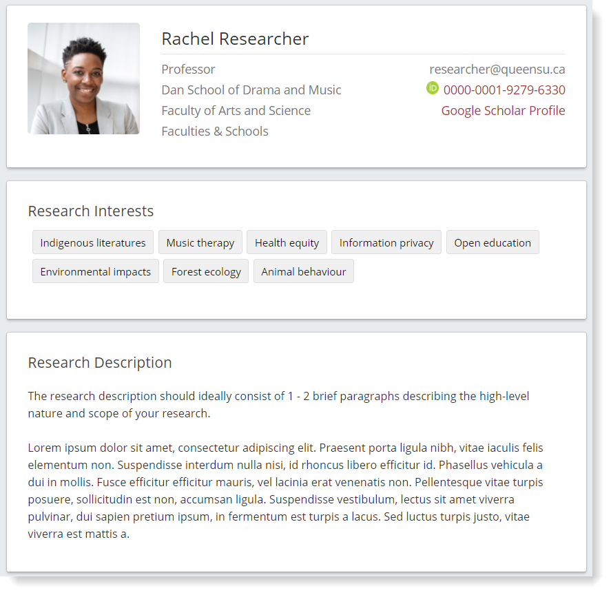 An image depicting a minimum viable profile for a researcher on the research discovery network