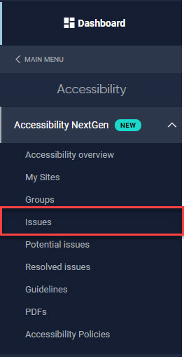 screenshot of Siteimprove sidebar, Accessibility Nextgen drop-down, Issues highlighted