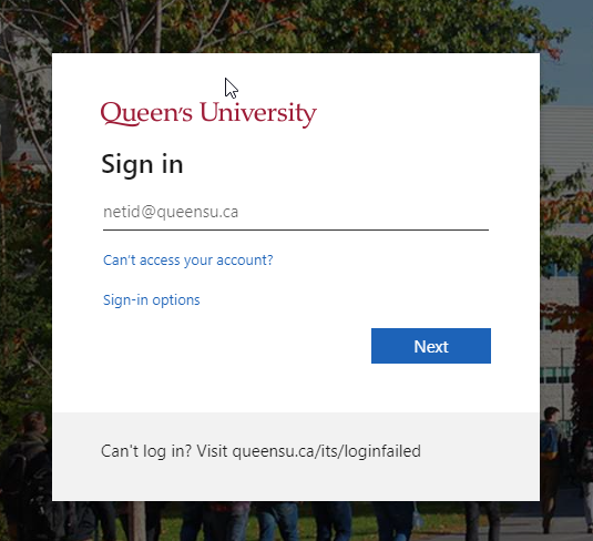 screenshot of the Queen's single sign-on interface