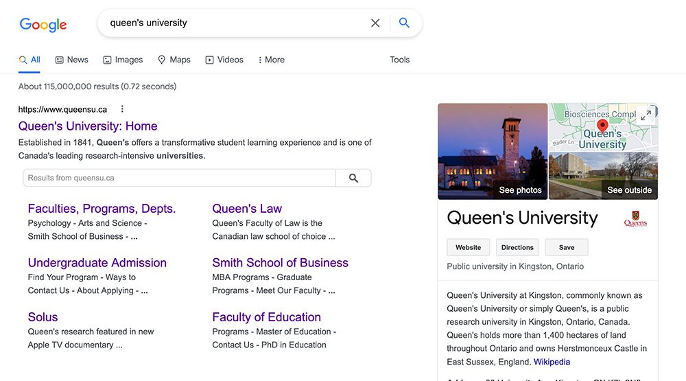 [screen shot of search results for Queen's University]