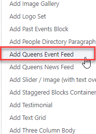 Selecting Add Queen's Event Feed Menu Item