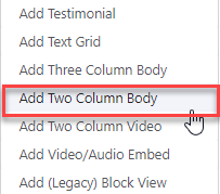 Selecting Add Two Column Body Menu Item