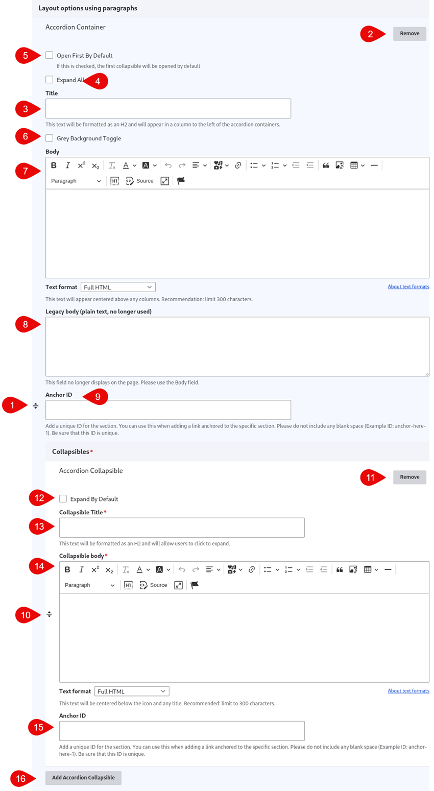 Annotated screenshot of accordion collapsible options