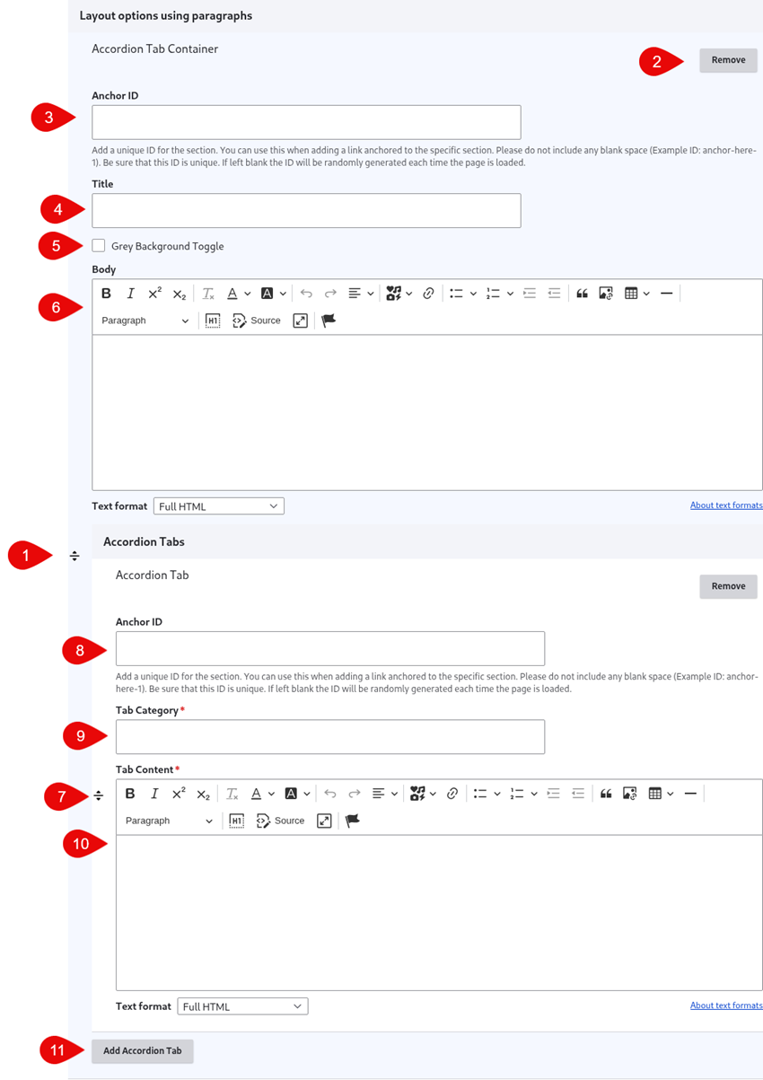 Annotated screenshot of accordion tab options