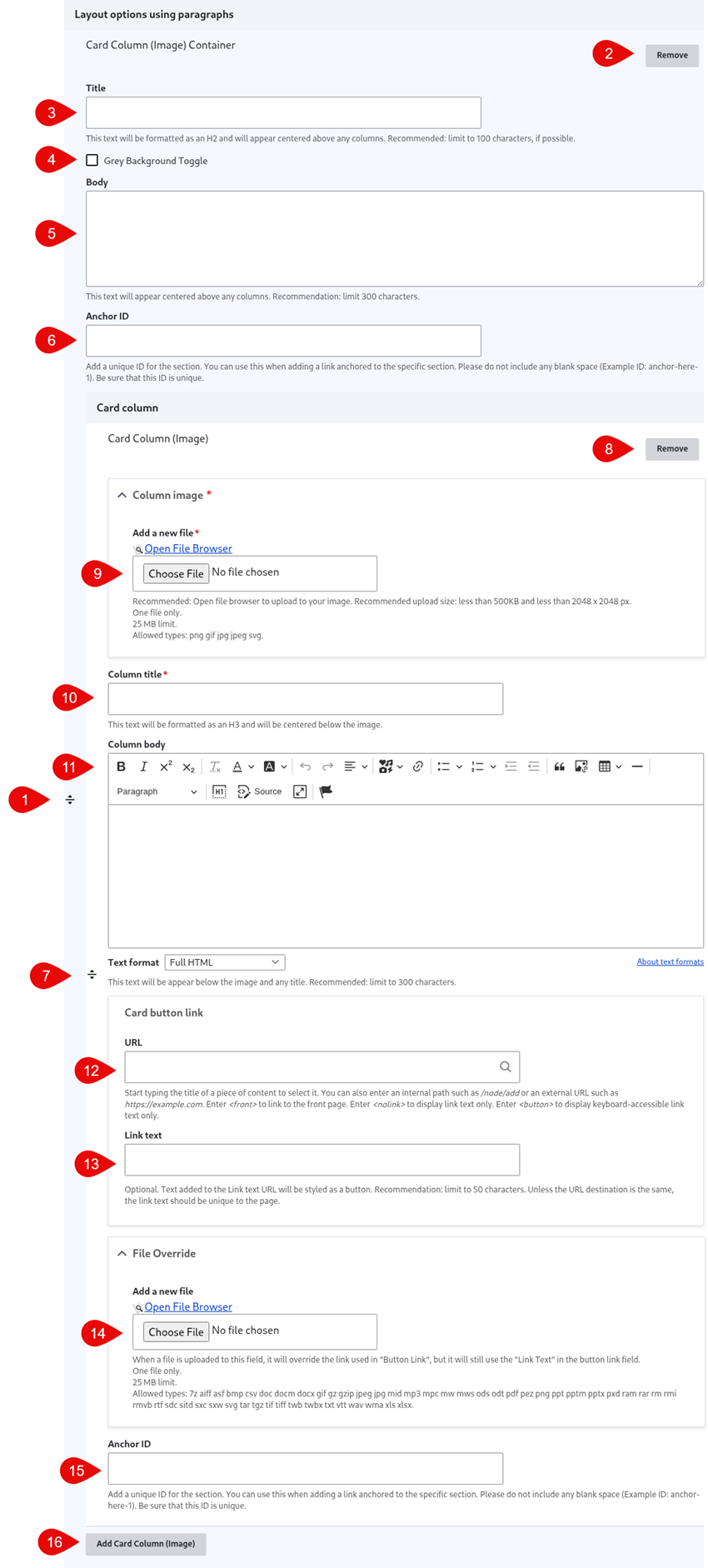 Annotated screenshot of card column options