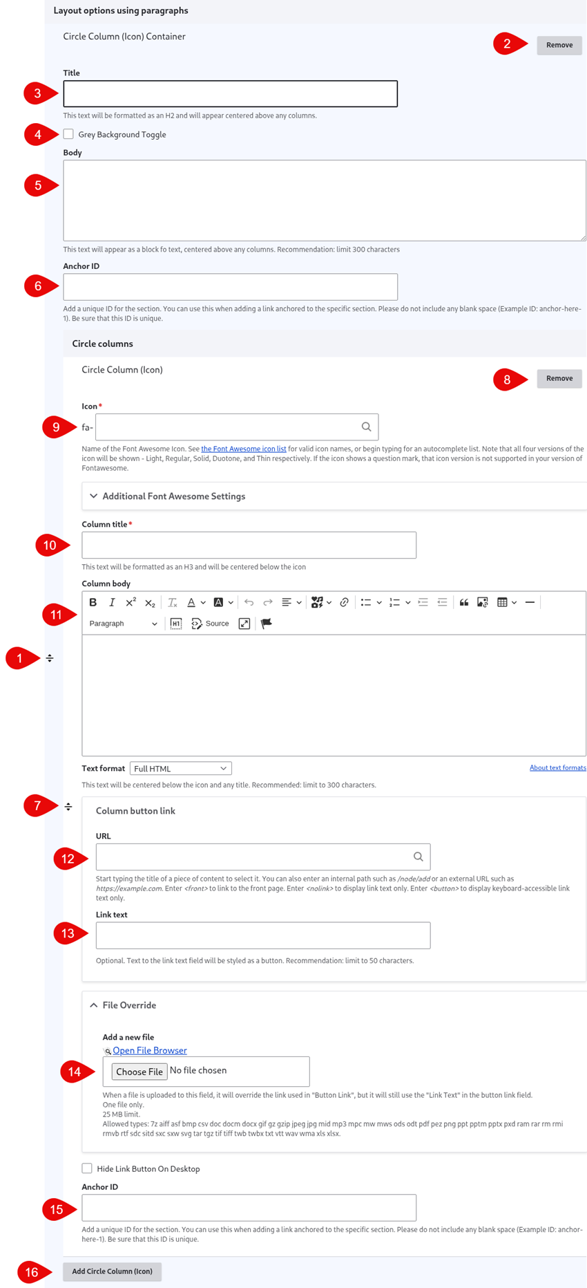Annotated screenshot of circle column icon options